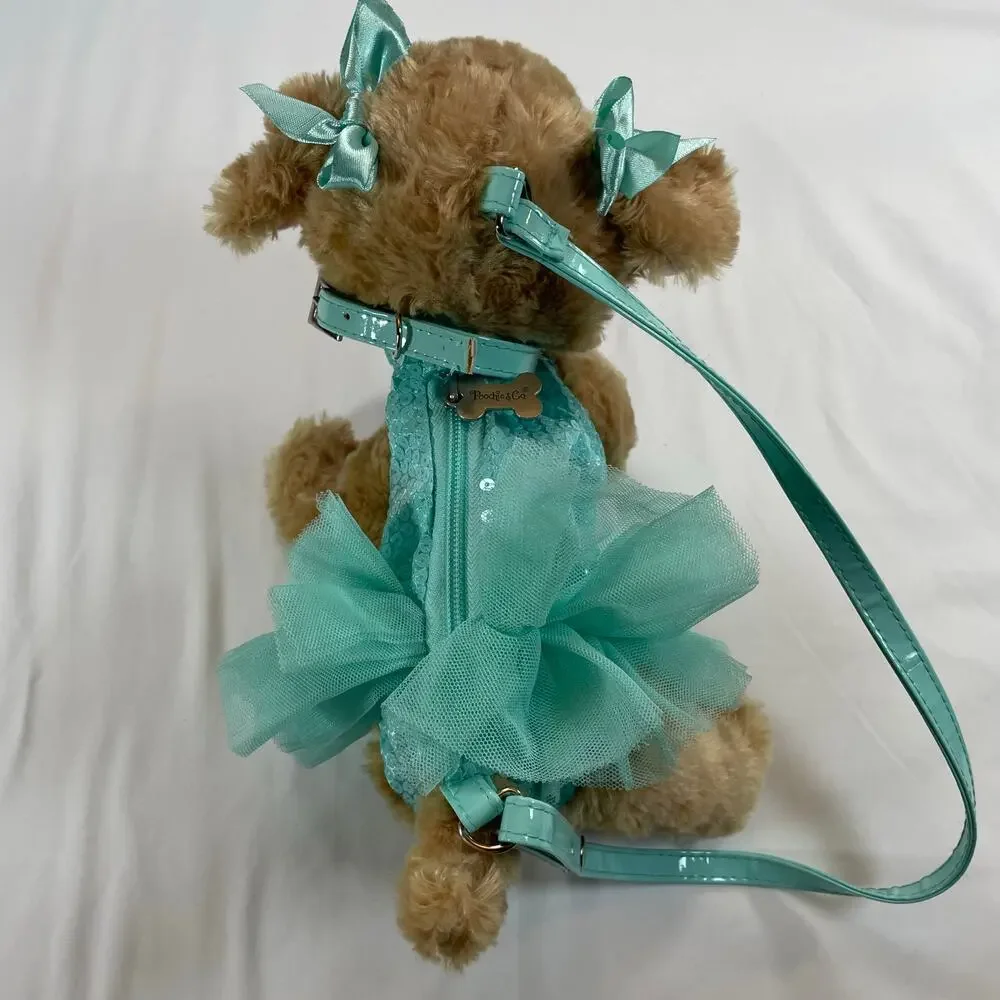Poochie & Co Plush Dog Purse Sequins Tulle Tutu Aqua Teal Blue Girls Handbag